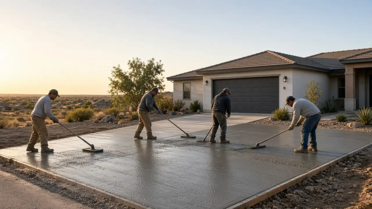 Concrete crew finishing a driveway pour